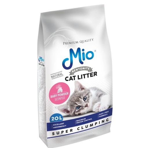 ميو رمل قطط بنتونايت متكتل برائحة بودرة الأطفال 20 لتر Mio Bentonite Cat Litter Baby Powder Scented Super Clumping 20L