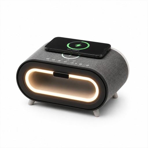 سماعة بلوتوث3x1  مع شاحن لاسلكي للهاتف واضائة RBG بتصميم عصري 3-in-1 Bluetooth headset with wireless phone charger and RGB lighting in a modern design