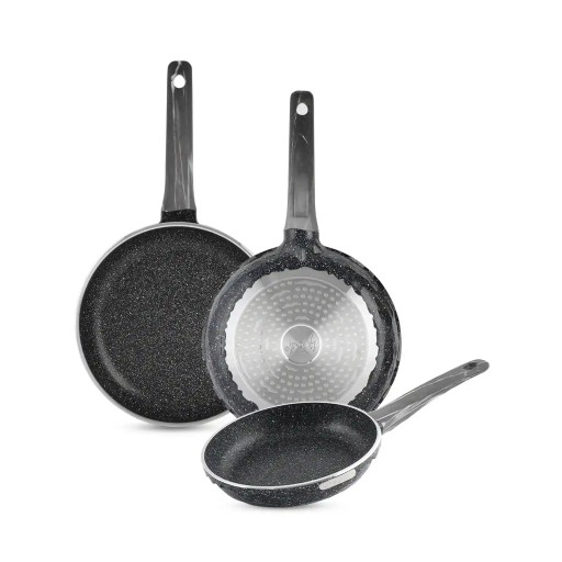 طقم مقالي (طاوات) 3 قطع من الغرانيت الصحي مانع للالتصاق بتصميم حجري مميز Cooking pan set from Life Smile