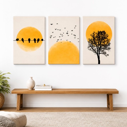 طيور وشجرة وشمس ( ثلاث قطع) canvas