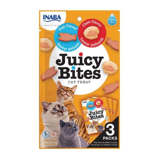 مكافآت جوسي بايتس للقطط بالتونة والدجاج بنكهة السمك والبطلينوس Juicy Bites Tuna & Chicken Cat Treats Fish & Clam Flavors
