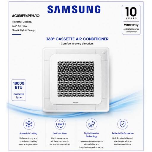 مكيف سامسونج كاسيت رباعي الاتجاهات سعة 1.5 طن Samsung 1.5 Ton 4-Way Cassette Air Conditioner