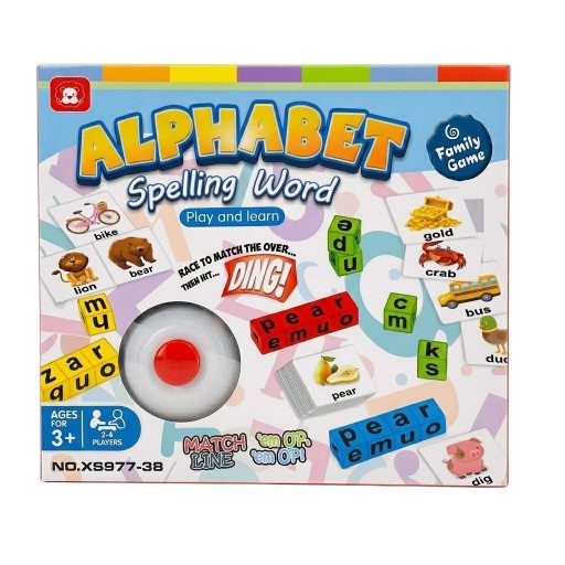 لعبة تهجئة الكلمات الإنجليزية التفاعلية للأطفال مع جرس التحدي ومكعبات الحروف Alphabet Spelling Word Game - Play and Learn Sensory & Family Board Game