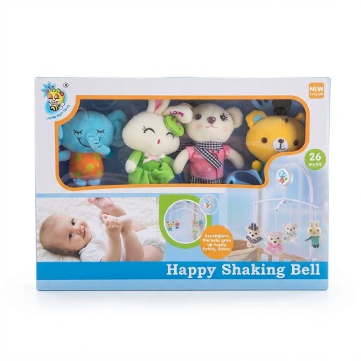 مفرهة وخشخاشة سرير الرضع الموسيقية الدوارة مع دمى قطيفة ناعمة (26 نغمة) Happy Shaking Bell - Musical Crib Mobile with Soft Plush Toys (26 Music)