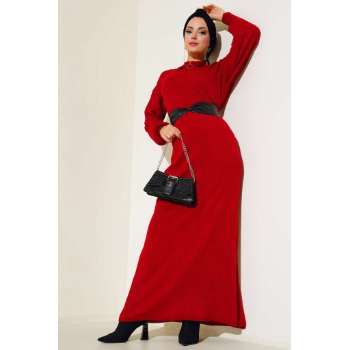 فستان تريكو طويل محتشم 15900 - أحمر 15900 Full-Length Modest Knit Dress - Red