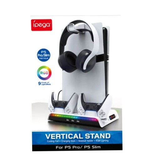قاعدة iPega متعددة الوظائف مع تبريد وشحن RGB لجهاز PS5 Slim وPS5 Pro iPega RGB Vertical Stand with Cooling & Charging Dock for PS5 Slim / PS5 Pro