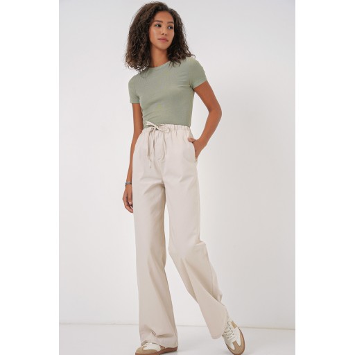 بنطلون نسائي واسع الساق بخصر عالٍ - كريمي Women's Wide Leg High Waist Trousers - Cream