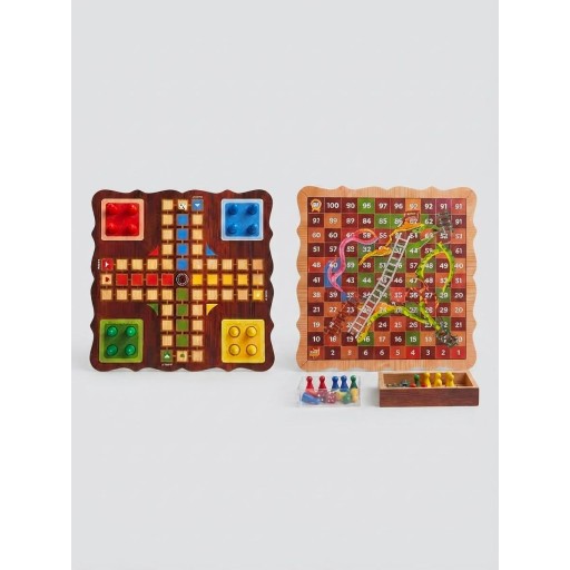 لعبة لوحية خشبية كلاسيكية 2 في 1 (لودو + السلم والثعبان) مع بيادق خشبية أحجار ونرد Classic 2-in-1 Wooden Board Game Set - Ludo & Snakes and Ladders