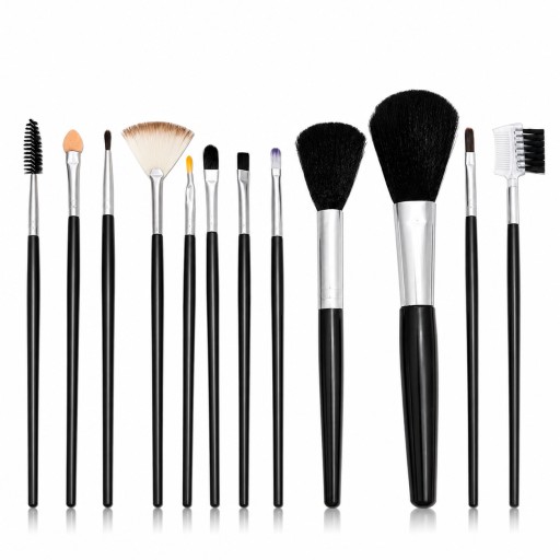 مجموعة من 12 فرشة مكياج احترافية مع حافظة أنيقة متعددة الأشكال A set of 12 professional makeup brushes with a stylish, multi-shaped case.