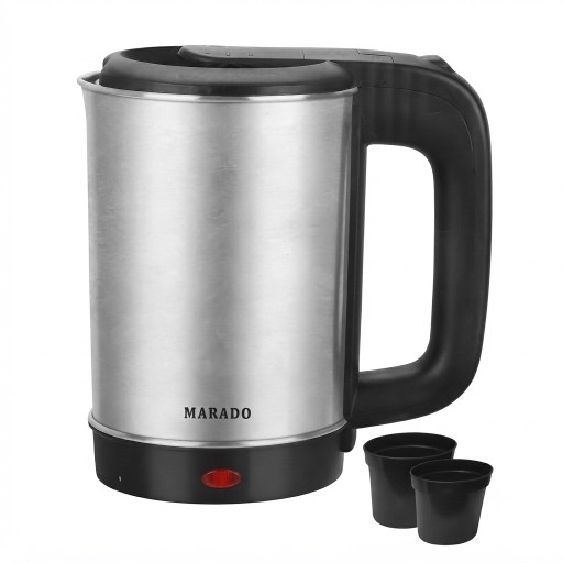 غلاية كهربائية ستيل 0.8L مزودة بكوبين للسفر والاستخدام اليومي 0.8L Stainless Steel Electric Kettle with Two Cups for Travel and Daily Use