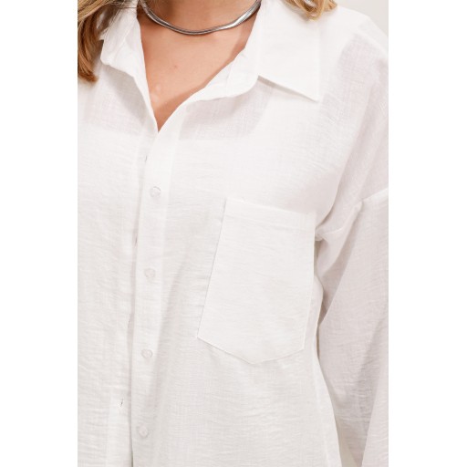 قميص كتان أبيض فضفاض بجيب واحد - 20153 20153 Single Pocket Oversize Linen Shirt - White