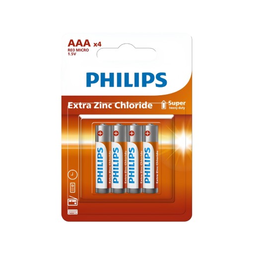 طقم بطاريات صغيرة "فيليبس إكسترا زنك كلورايد" مقاس AAA بجهد 1.5V للتشغيل اليومي (4 قطع) Philips Extra Zinc-Chloride AAA 1.5V Cylindrical Batteries (4-Pack Set)