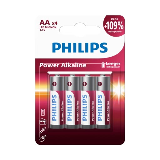 طقم بطاريات قلم "فيليبس باور ألكلاين" مقاس AA بجهد 1.5V عالية الأداء (4 قطع) Philips Power Alkaline AA 1.5V Cylindrical Batteries (4-Pack Set)