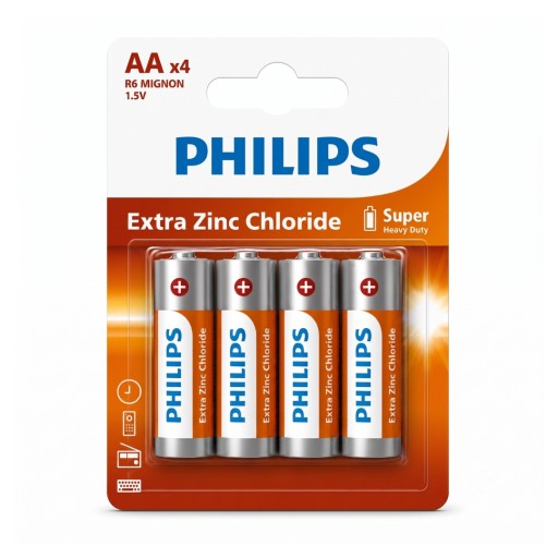 طقم بطاريات قلم "فيليبس إكسترا زنك كلورايد" مقاس AA بجهد 1.5V للتشغيل اليومي (4 قطع) Philips Extra Zinc-Chloride AA 1.5V Cylindrical Batteries (4-Pack Set)