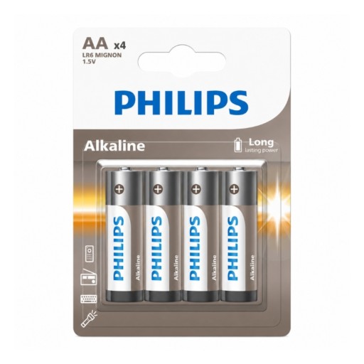 طقم بطاريات قلم "فيليبس إنتري ألكلاين" مقاس AA بجهد 1.5V للتشغيل الاعتمادي (4 قطع) Philips Entry Alkaline AA 1.5V Cylindrical Batteries (4-Pack Set)