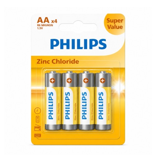 طقم بطاريات قلم "فيليبس زنك كلورايد" مقاس AA بجهد 1.5V للاستخدام اليومي (4 قطع) Philips Zinc-Chloride AA 1.5V Cylindrical Batteries (4-Pack Set)
