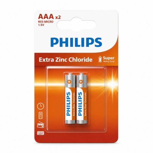 طقم بطاريات صغيرة "فيليبس إكسترا زنك كلورايد" مقاس AAA بجهد 1.5V للتشغيل اليومي (قطعتان) Philips Extra Zinc-Chloride AAA 1.5V Cylindrical Batteries (2-Pack Set)