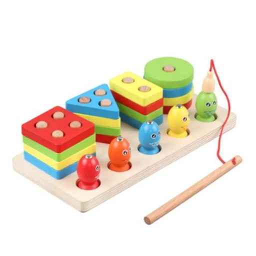 لعبة مونتيسوري خشبية تعليمية للصيد والأشكال والألوان الذكية Smart Wooden Montessori Educational Game: Fishing, Shapes, and Colors