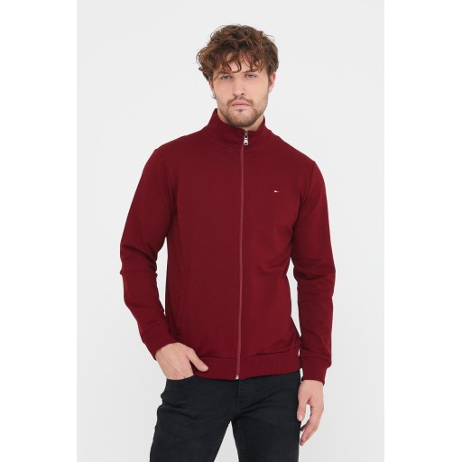 جاكيت كارديجان رجالي بياقة قائمة بسحاب وتطريز، قصة عادية، لون خمري Men's Burgundy Regular Fit Zippered Cardigan with Embroidery Detail and Pockets