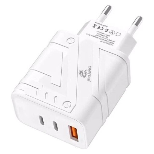 شاحن جداري JEQANG JC-77 سريع بمنفذي USB-C PD وUSB-A QC3.0 - أبيض JEQANG JC-77 QC3.0 Type-C PD Fast Charger - White