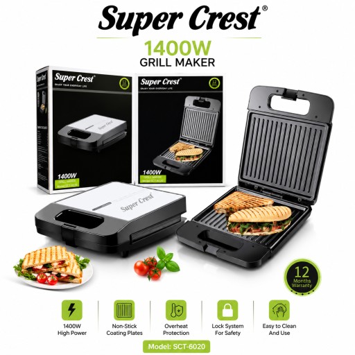 شواية وصانعة الساندويتش الكهربائية سوبر كريست 1400 واط Super Crest 1400W Grill Maker – SCT-6020