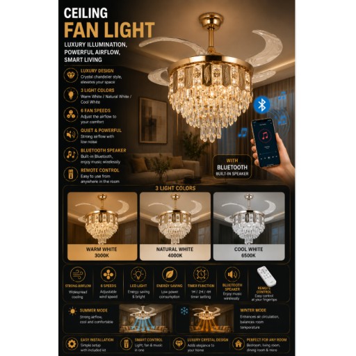 ثريا مع مروحة سقفية ومكبر صوت بلوتوث Ceiling Fan Light with Bluetooth Speaker