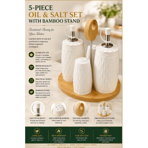 طقم موزع زيت وخل سيراميك 5 قطع 5-Piece Ceramic Oil & Vinegar Dispenser Set