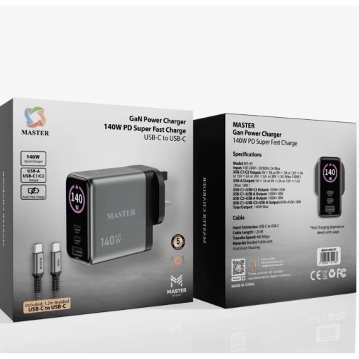 شاحن ماستر بقدرة 140W شحن سريع PD مع شاشة رقمية master 140w