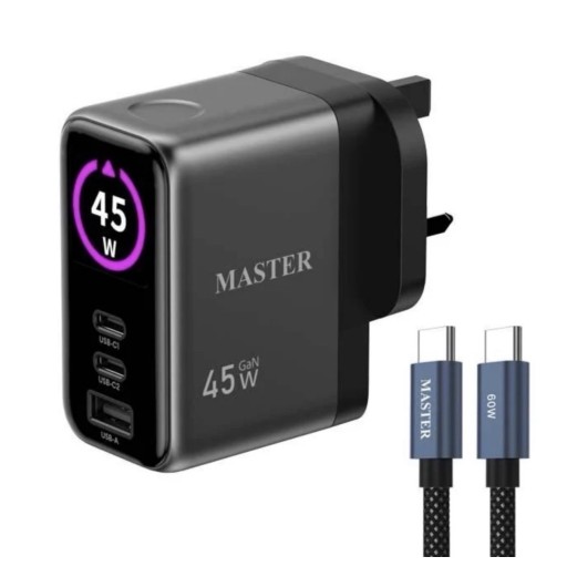 شاحن ماستر 45W مع كيبل 60W تايب سي الى تايب سي master 45w