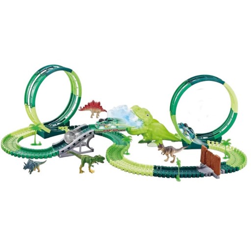 مضمار سباق الديناصور المرن المزدوج مع حقتين دائرين ورذاذ بخاري ومجسمات ديناصورات Dual Loop Dinosaur Flexible Track Set with Mist Spray T-Rex & Mini Figures