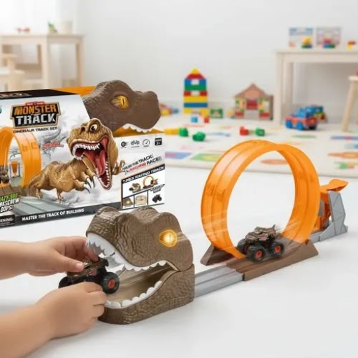 مضمار سباق شاحنات الوحش مع حلقة دوران 360 درجة ورأس ديناصور T-Rex تفاعلي Monster Track Dinosaur Track Set - T-Rex Racing Track with 360 Loop & Light-Up Eyes