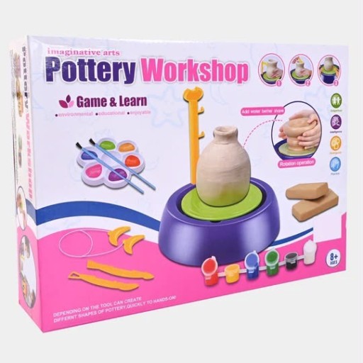 مجموعة ورشة صُنّاع الفخار الفنية التفاعلية للأطفال مع عجلة الدوران والطين والألوان Imaginative Arts Pottery Workshop Wheel Kit for Kids with Clay & Paint Set