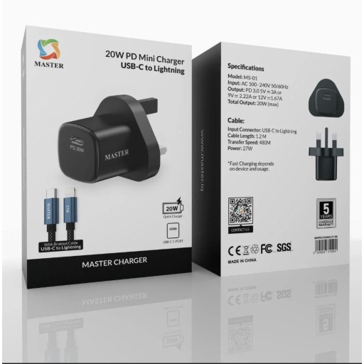 شاحن ماستر ميني 20 وات + كابل 27 وات USB-C إلى Lightning أسود Master PD 20W Mini Charger + 27W USB-C to Lightning Cable – Black |