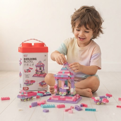 صندوق مكعبات بناء وتجميع تعليمية للأطفال (220 قطعة) بتصميم حقيبة عملية 220 Pcs Kids Educational Building Blocks Toy Set with Storage Box