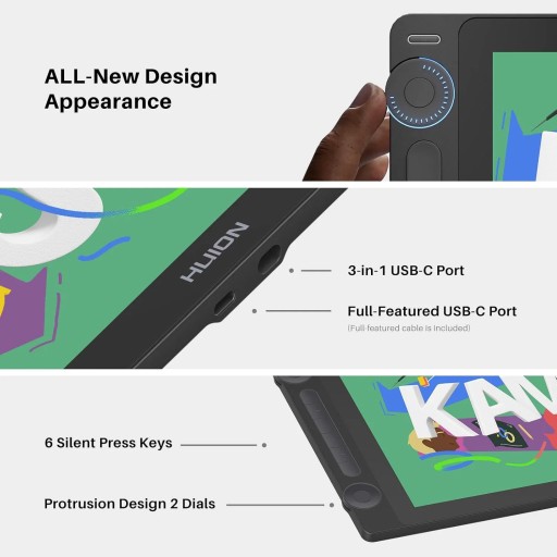 جهاز الرسم الرقمي اللاسلكي مزود بقرصين وقلم PW517 بدون بطارية HUION Inspiroy Dial 2 Q630M Wireless Graphic Drawing Tablet with Dual Dials & PW517 Battery-Free Pen