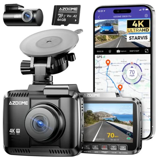 كاميرا داش كام GS63H PRO ثنائية القنوات بدقة 4K مع بطاقة TF سعة 64 جيجابايت DashCam GS63H PRO 2 Channels 4K with 64GB TF card