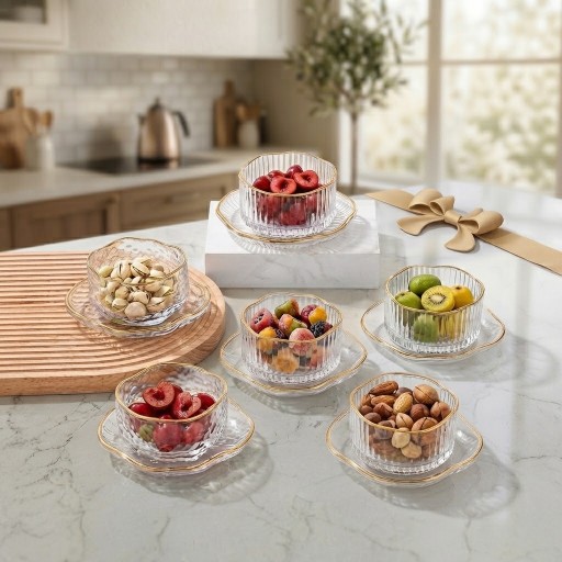 طقم كاسات وأطباق ضيافة زجاجية فاخرة مقلمة ومضلعة بالحافة الذهبية (6 قطع مع الصحون) Luxury Crystal Glass Bowl & Saucer Set with Gold Rim for Nuts & Desserts