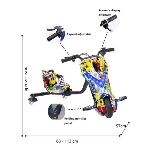 سكوتر درفت كهربائي عالي الأداء بتصميم جرافيتي مع 3 سرعات وشاشة عرض للطاقة Electric Drift Trike Scooter with Graffiti Design, 3-Speed Adjustable & Power Display