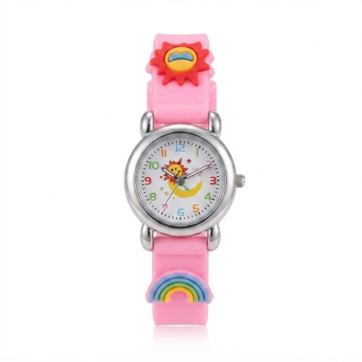 ساعة أطفال ملونة بتصميم الشمس والقمر وقوس قزح Colorful children's watch featuring a sun, moon, and rainbow design.