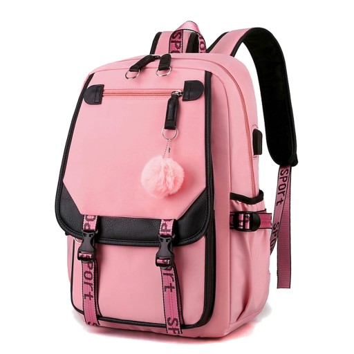 حقيبة سبورت وردي مدرسية للابتوب بمنفذ USB وكابلات Pink sporty school laptop backpack with USB port and cables.