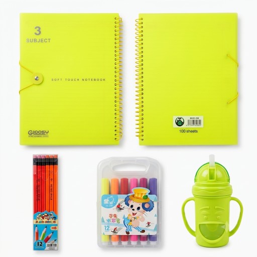 بكج المدرسة المتكامل بألوان نيون جذابة All-in-one school bundle in eye-catching neon colors.