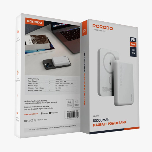 باور بانك بورودو لاسلكي ماج سيف 10000 مللي أمبير 15 واط - أبيض Porodo 10000mAh MagSafe Wireless Power Bank 15W - White