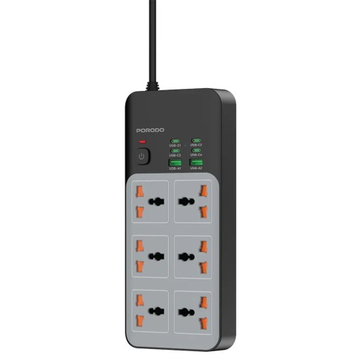 توصيلة كهرباء شحن سريع "بورودو" 6 منافذ عامة بقدرة 3000W مع 6 منافذ USB شحن سريع (4C+2A) Porodo 3000W 6AC Universal Power Strip with 6 Fast Charging USB Ports (4C+2A)