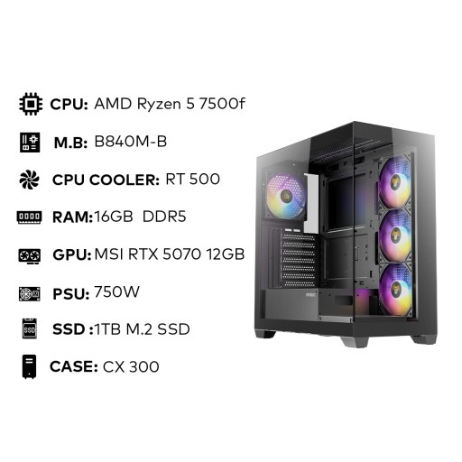 تجميعة ألعاب أحترافية (رايزن 5 7500F / RTX 5070 12 جيجابايت) 16 جيجابايت DDR5 وتخزين 1 تيرابايت