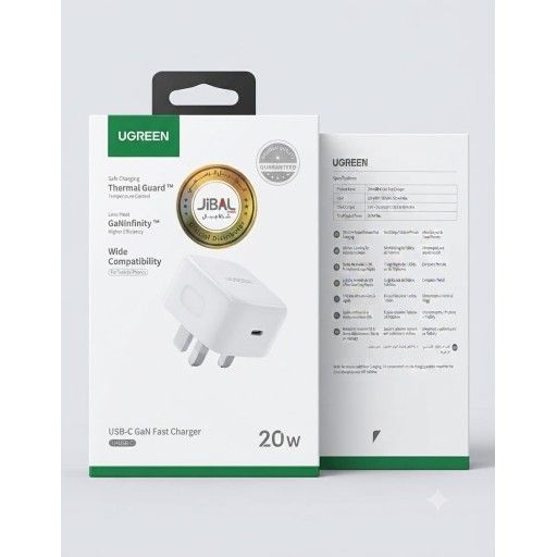 شاحن حائط سريع يوجرين بقوة 20 واط بتقنية GaN UGREEN 20W USB-C GaN Fast Charger (UK Plug)