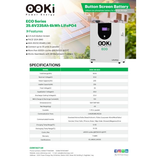 ooki ليثيوم فوسفات الحديد 6  كيلواط 25.6V الاقتصاديه lifepo4 OOKi 6 kWh 24V ECO