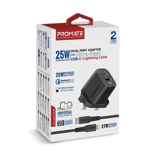 شاحن سريع من بروميت بقدرة 25W مع كيبل تايب سي تو ايفون Promate ChargeKit-25PDi – W Lightning