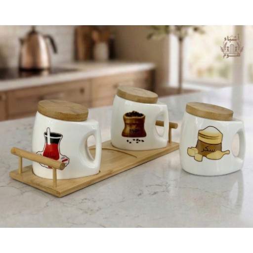 طقم علب حفظ الشاي والقهوة والسكر سيراميك مع أغطية وحامل من خشب البامبو (3 قطع) 3-Piece Ceramic Tea, Coffee & Sugar Canister Set with Bamboo Lids & Stand Tray