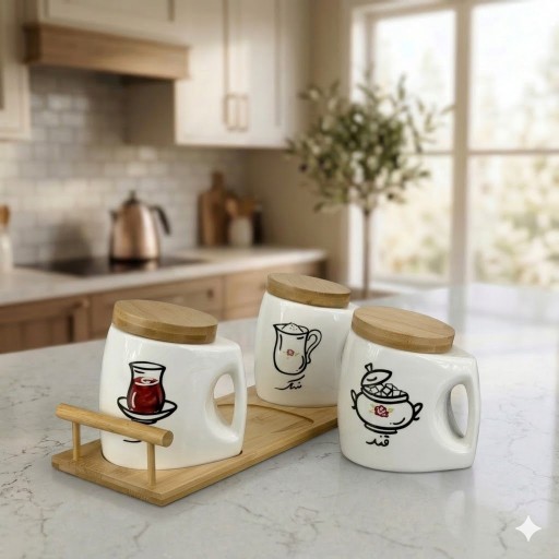 طقم علب حفظ الشاي والسكر والقند سيراميك مع أغطية وحامل من خشب البامبو (3 قطع) 3-Piece Ceramic Tea, Sugar & Sugar Cubes Canister Set with Bamboo Lids & Tray