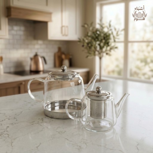 طقم إبريق شاي زجاجي مزدوج (قوري تركيا) مع مصفاة استانلس ستيل وقاعدة معدنية Double Layer Glass Teapot Set with Stainless Steel Infuser & Metal Base
